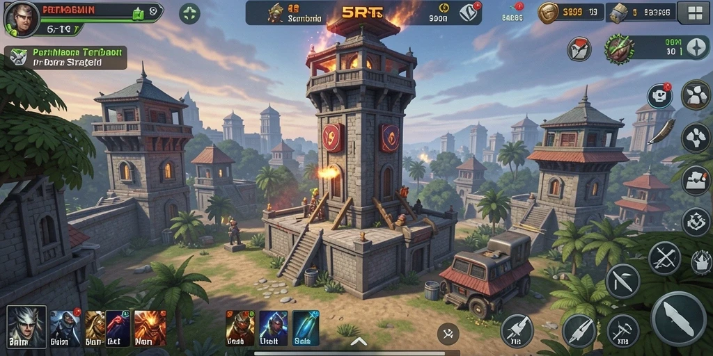 Screenshot 5RT menampilkan aksi menara pertahanan yang mendebarkan.