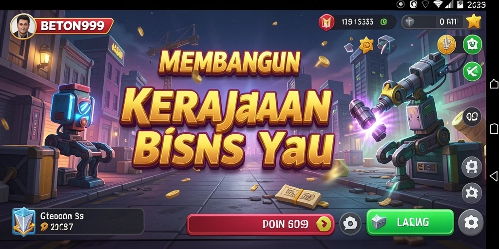 Screenshot utama menunjukkan pemain membangun kerajaan bisnis yang megah.
