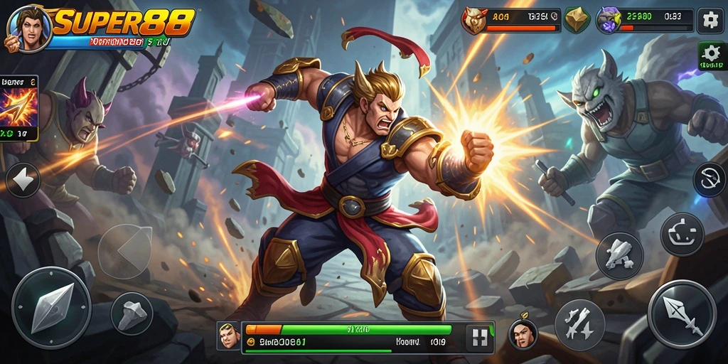 Gameplay SUPER88 menampilkan pertarungan seru dengan karakter beragam.